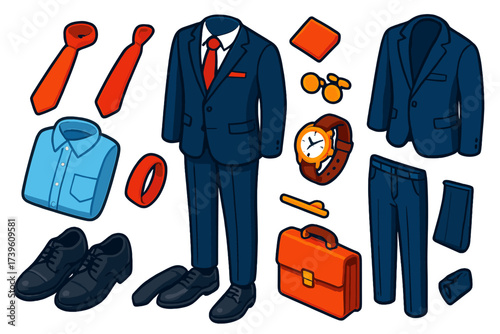 Formal Attire Icons. Isometric vector illustration set Formal Attire: business suit, silk tie, dress shirt, polished shoes, pocket