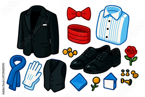 Black Tie Essentials. Isometric vector illustration set Black Tie Event: tuxedo jacket, satin bow tie, pleated shirt, patent