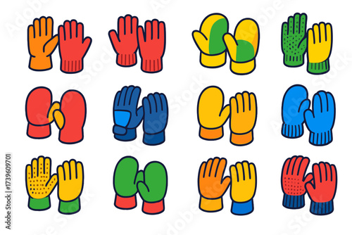 Colorful Work Gloves Set. Isometric vector illustration set Work Gloves: leather work gloves, wool liners, safety mittens,