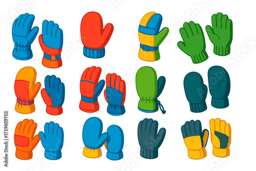 Colorful Winter Gloves. Isometric vector illustration set Outdoor Cold Gear: ski gloves, thermal mittens, waterproof gloves, wool
