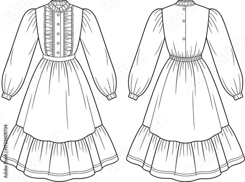 Vintage dress fashion sketch, front and back view, ruffled collar, puff sleeves, layered skirt, historical garment design, black and white vector