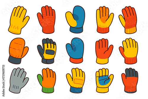Colorful Work Gloves Set. Isometric vector illustration set Work Gloves: leather work gloves, wool liners, safety mittens,