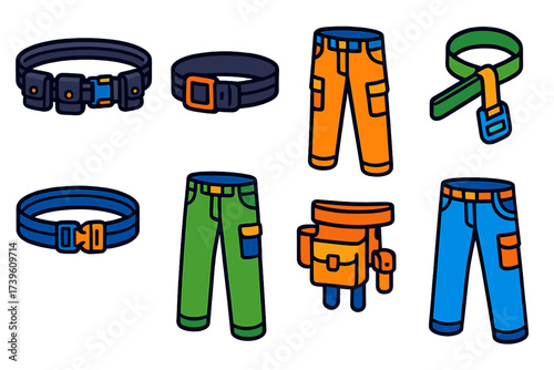 Colorful Utility Belts. Isometric vector illustration set Utility Belts: tactical belt, heavy buckle, cargo pants, reinforced loop