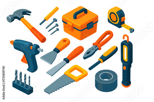 Household Repair Tools. Isometric vector illustration set Household Repairs: claw hammer, nail set, screw assortment, compact