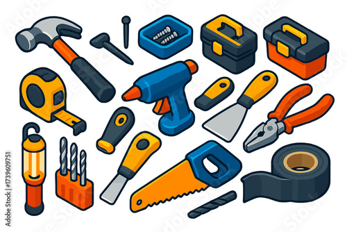 Household Repair Tools. Isometric vector illustration set Household Repairs: claw hammer, nail set, screw assortment, compact