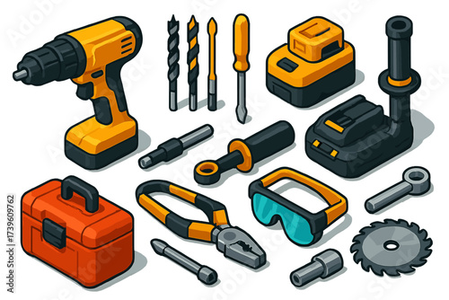 Electric Tools Icons. Isometric vector illustration set Electric Tools: rotary drill, wood drill bits, flathead screwdriver,