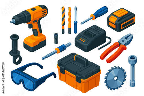 Electric Tools Icons. Isometric vector illustration set Electric Tools: rotary drill, wood drill bits, flathead screwdriver,