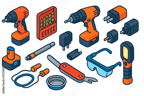 Colorful Repair Tools. Isometric vector illustration set Repair Kit Tools: cordless screwdriver, drill bit box, portable drill,