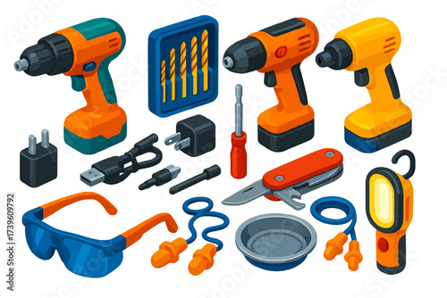 Colorful Repair Tools. Isometric vector illustration set Repair Kit Tools: cordless screwdriver, drill bit box, portable drill,