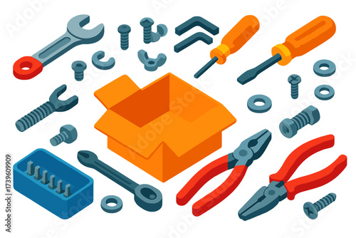 Colorful Hardware Kit. Isometric vector illustration set Small Hardware Kit: mini wrench, short bolts, wing nuts, hex keys,