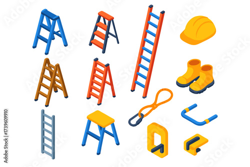 Colorful Ladder Icons. Isometric vector illustration set Basic Ladders: folding ladder, step stool, extension ladder, safety