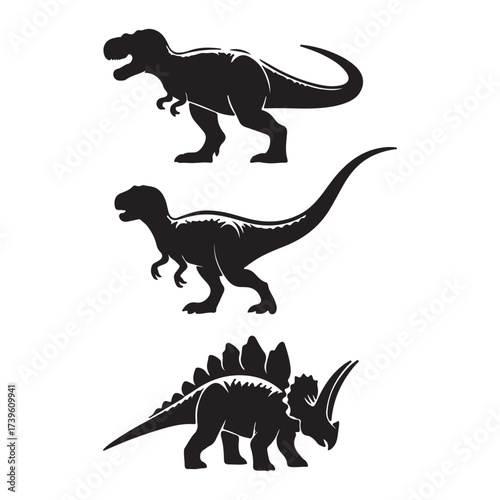 Set of dinosaur silhouettes vector illustration collection of wild animals in black outline design.