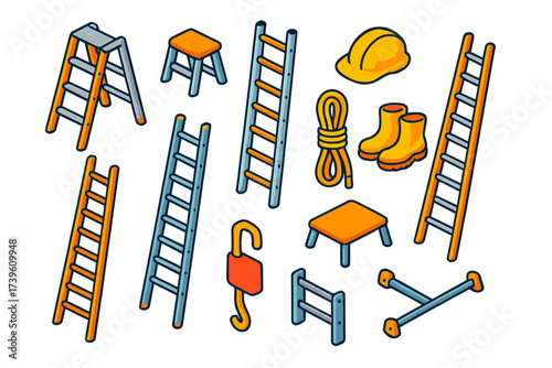 Colorful Ladder Icons. Isometric vector illustration set Basic Ladders: folding ladder, step stool, extension ladder, safety
