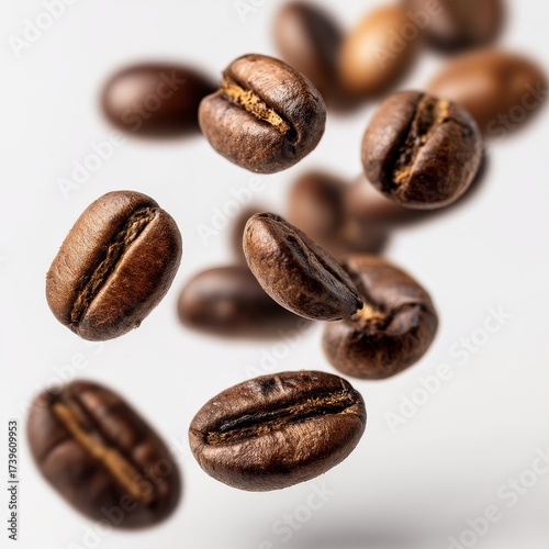 Roasted coffee beans falling in motion on white background, closeup of aromatic caffeine seeds