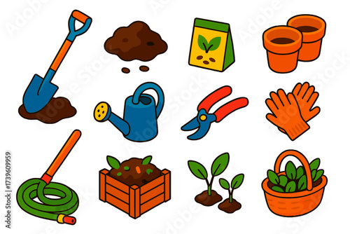Garden Care Icons. Isometric vector illustration set Garden Care: digging shovel, organic soil, herb seeds, clay pots, spade,