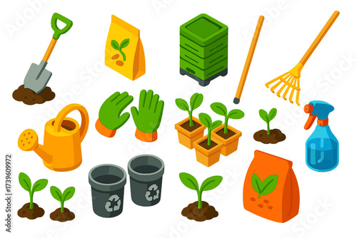 Eco Gardening Icons. Isometric vector illustration set Eco Gardening: eco shovel, natural soil, organic seeds, compost bin, bamboo