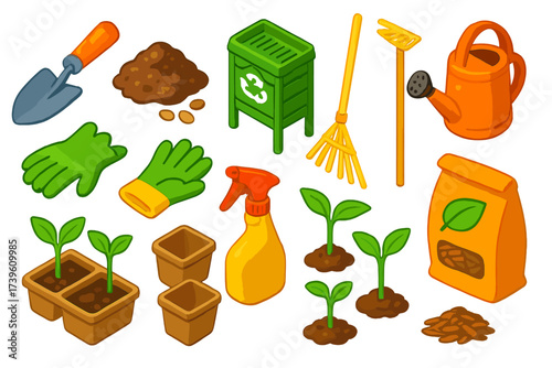 Eco Gardening Icons. Isometric vector illustration set Eco Gardening: eco shovel, natural soil, organic seeds, compost bin, bamboo