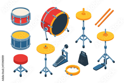 Bright Drum Kit Essentials. Isometric vector illustration set Drum Kit Basics: snare drum, bass drum, hi-hat cymbal, drum sticks,