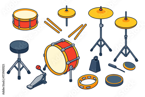 Bright Drum Kit Essentials. Isometric vector illustration set Drum Kit Basics: snare drum, bass drum, hi-hat cymbal, drum sticks,