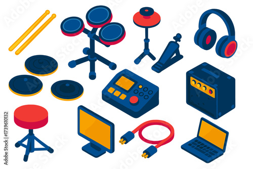 Electronic Drum Kit Icons. Isometric vector illustration set Electronic Drums: drum sticks, e-drum pads, hi-hat controller, kick