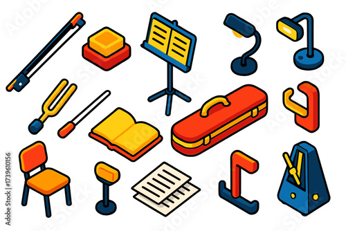 Orchestra Accessories Set. Isometric vector illustration set Orchestra Accessories: violin bow, rosin, music stand, sheet book,