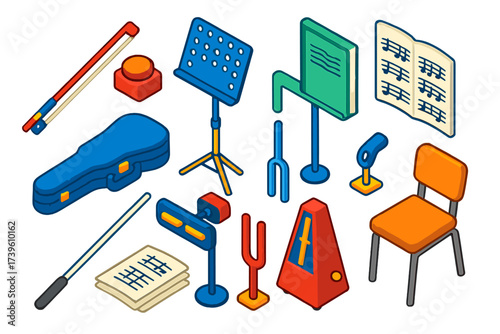 Orchestra Accessories Set. Isometric vector illustration set Orchestra Accessories: violin bow, rosin, music stand, sheet book,