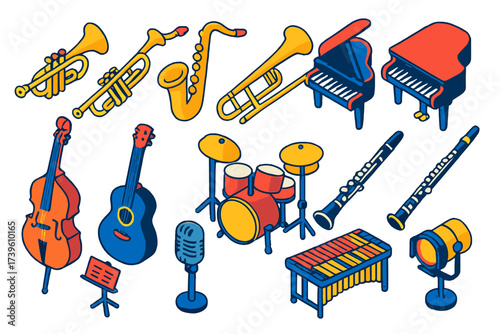 Colorful Jazz Icons. Isometric vector illustration set Big Band: trumpet, saxophone, trombone, piano, upright bass, guitar, drum