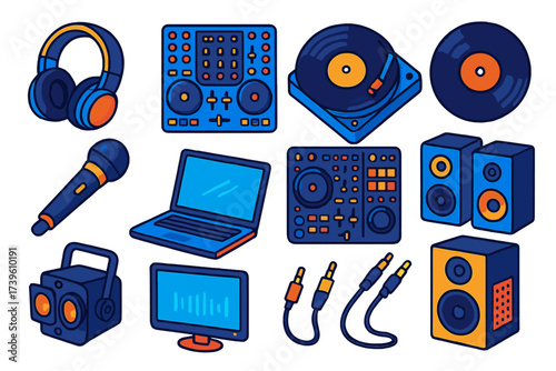 DJ Equipment Icons. Isometric vector illustration set DJ Equipment: headphones, DJ mixer, turntable, vinyl record, microphone,