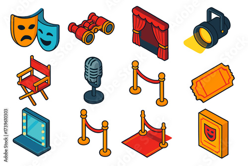 Theater Performance Icons. Isometric vector illustration set Theater Performance: classic tragedy mask, comedy mask, opera glasses