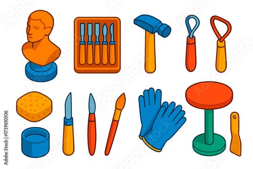 Sculpting Tools Icons. Isometric vector illustration set Carving Essentials: clay bust, chisel set, rasp file, hammer, loop tool,