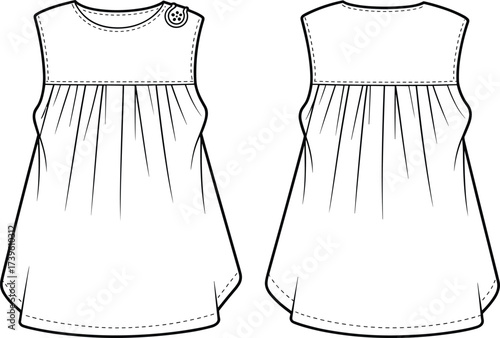 Sleeveless yoke dress flat sketch, front and back view, button shoulder detail, gathered silhouette, fashion CAD, vector illustration, garment design, technical drawing