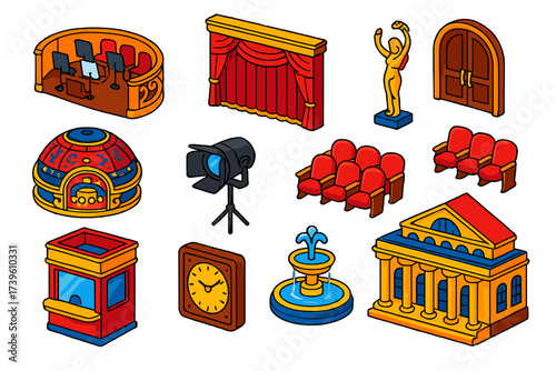 Opera House Elements. Isometric vector illustration set Opera House: orchestra pit, golden balcony, velvet curtain, decorative