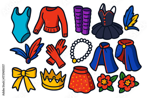 Ballet Costume Icons. Isometric vector illustration set Ballet Costumes: rehearsal leotard, warm-up sweater, leg warmers, stage