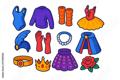 Ballet Costume Icons. Isometric vector illustration set Ballet Costumes: rehearsal leotard, warm-up sweater, leg warmers, stage