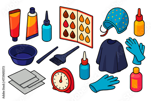 Vibrant Hair Coloring Tools. Isometric vector illustration set Hair Coloring Items: dye tubes, color chart, mixing bowl, tint