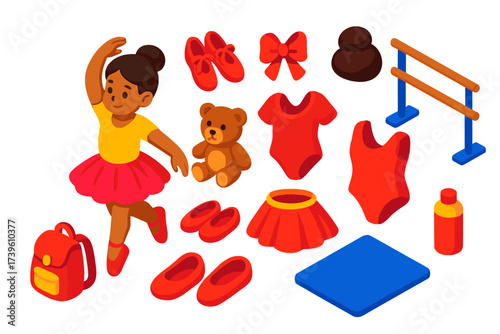 Ballet Kids Icons. Isometric vector illustration set Ballet Children: small ballerina, tiny pointe shoes, child leotard, bow