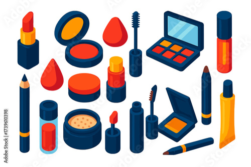 Vibrant Makeup Icons. Isometric vector illustration set Makeup Essentials: lipstick tube, powder blush compact, eyeshadow palette,