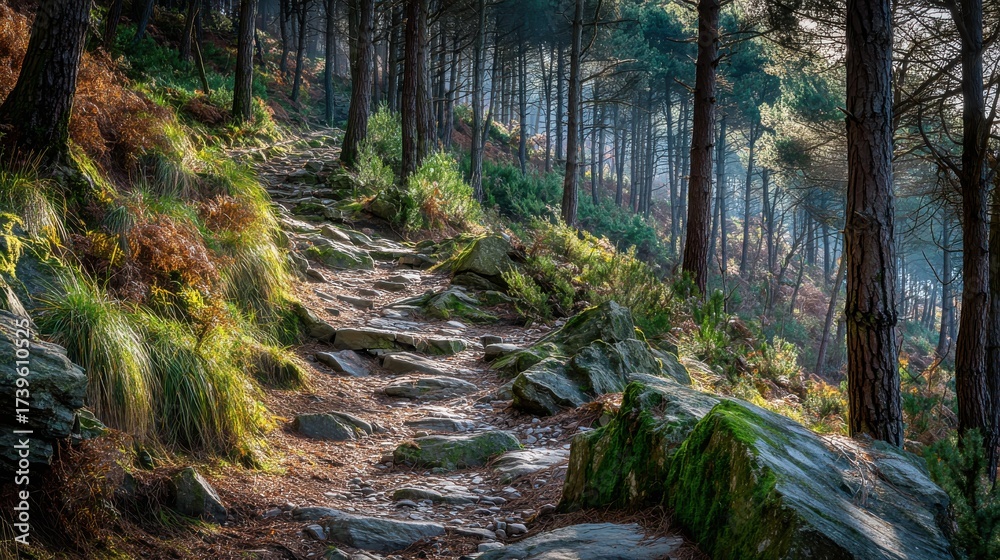 Fototapeta premium Rocky path winding through a dense sunlit forest