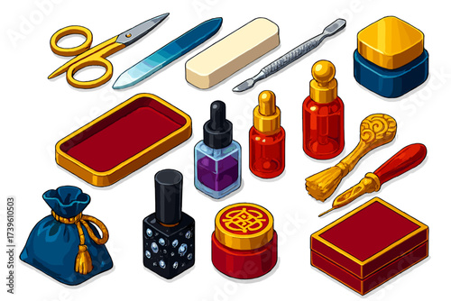 Luxury Manicure Essentials. Isometric vector illustration set Luxury Manicure Kit: gold nail scissors, crystal nail file, pearl