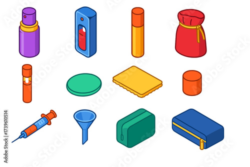 Travel Perfume Kit Icons. Isometric vector illustration set Travel Perfume Kit: mini spray, pocket atomizer, small rollerball,