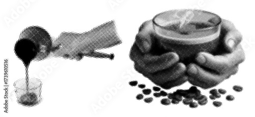 Man pouring coffee into cup in retro halftone style,man holding coffee cup in the hand
