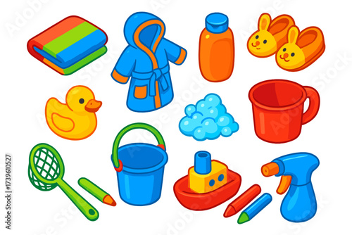 Children's Bath Essentials. Isometric vector illustration set Children’s Bath Time: colorful towel, cartoon robe, animal slippers,