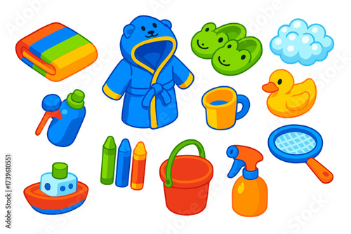 Children's Bath Essentials. Isometric vector illustration set Children’s Bath Time: colorful towel, cartoon robe, animal slippers,