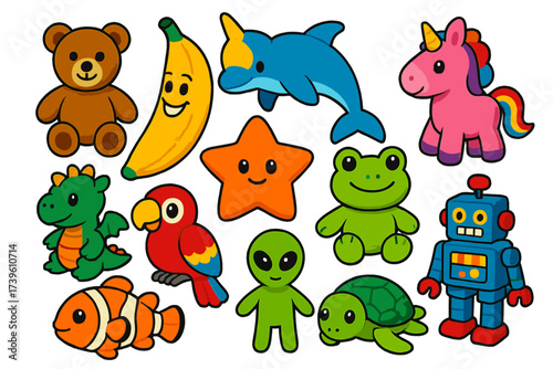 Carnival Plush Icons. Isometric vector illustration set Carnival Plush Prizes: teddy bear, giant banana plush, dolphin toy,