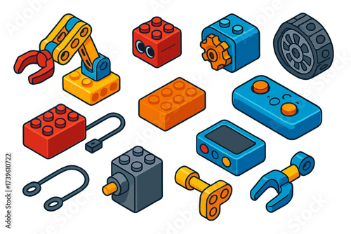 Robotics Brick Kit. Isometric vector illustration set Robotics Brick Kit: robot arm, sensor piece, motor gear, track wheel, remote