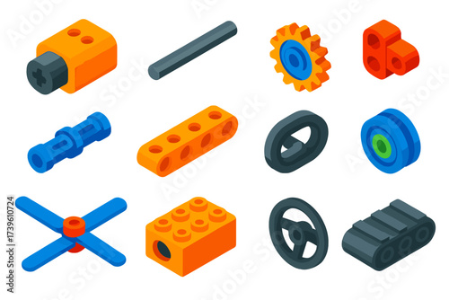 Vibrant Isometric Parts. Isometric vector illustration set Advanced Building Kit: motor piece, axle rod, gear wheel, hinge block,