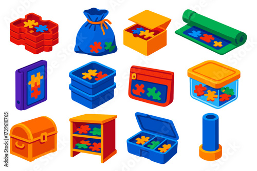 Colorful Puzzle Storage Solutions. Isometric vector illustration set Puzzle Storage: sorting trays, drawstring bag, cardboard box,
