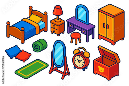 Bright Dollhouse Bedroom. Isometric vector illustration set Dollhouse Bedroom: tiny bed, bedside lamp, dresser, vanity table,