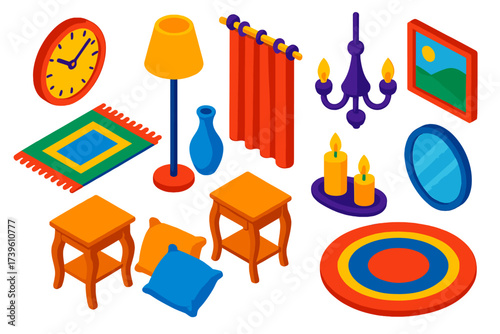 Vibrant Dollhouse Decor. Isometric vector illustration set Dollhouse Decoration: wall clock, floor lamp, carpet, vase, curtain,
