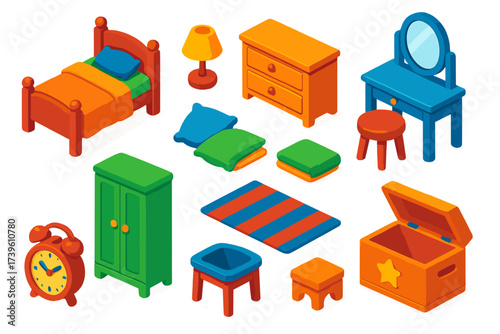 Bright Dollhouse Bedroom. Isometric vector illustration set Dollhouse Bedroom: tiny bed, bedside lamp, dresser, vanity table,